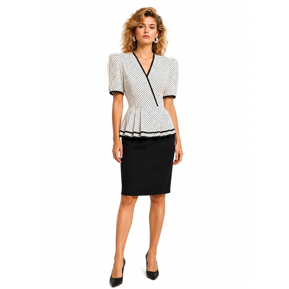 Joan Sparks for Daniel Barrett Dress Women 6 White Black Polka Peplum Vintage